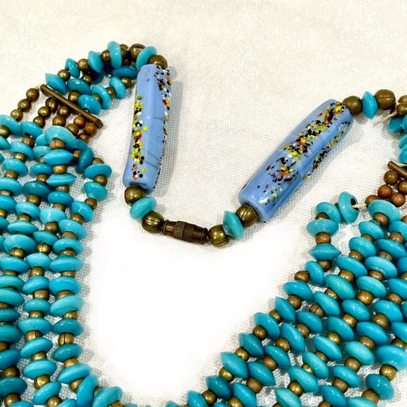 Vintage Turquoise Art Glass Bead Bohemian Necklace Multi Strand Retro Chic - Picture 2 of 7